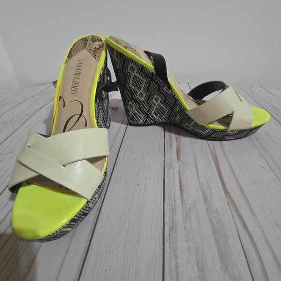 ๐ผ Sam & Libby Colorblock Wedge Sandals | Yellow, Black, White Womens' Size 10 - Picture 10 of 13